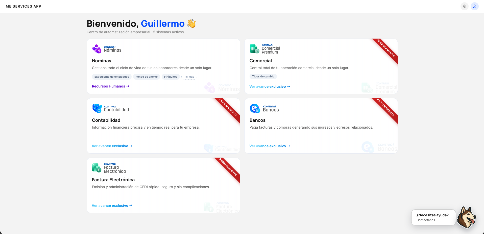 Dashboard de módulos de Me Services App