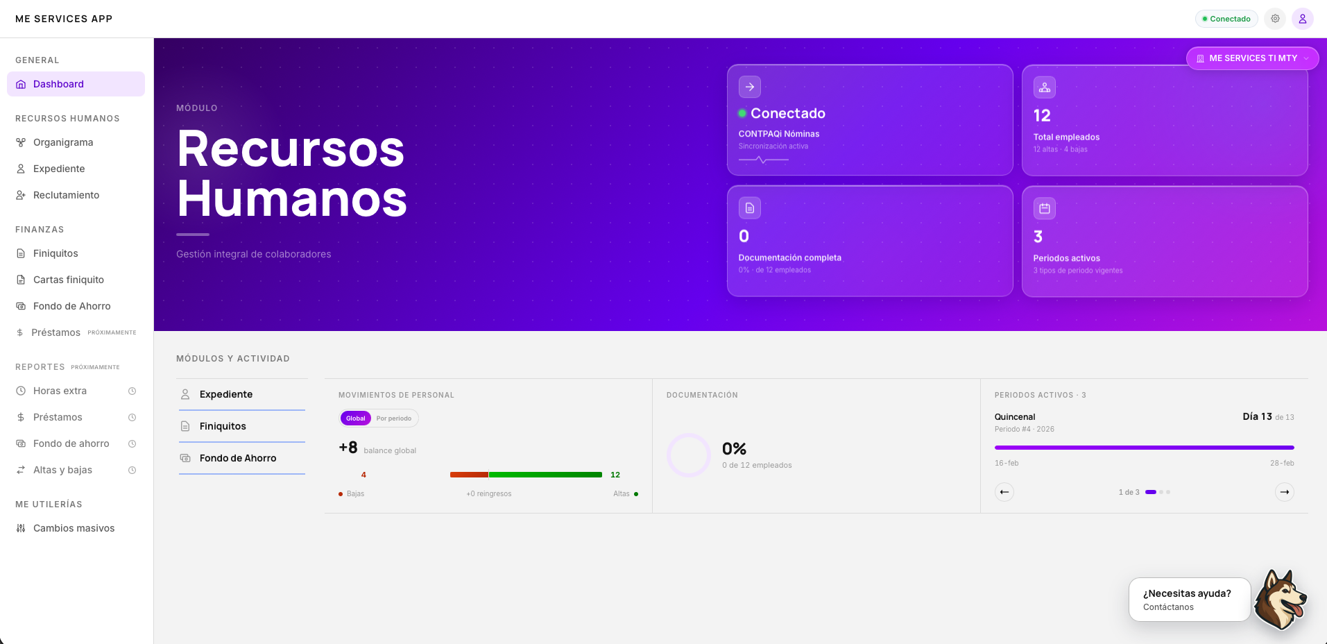 Módulo de Recursos Humanos en Me Services App